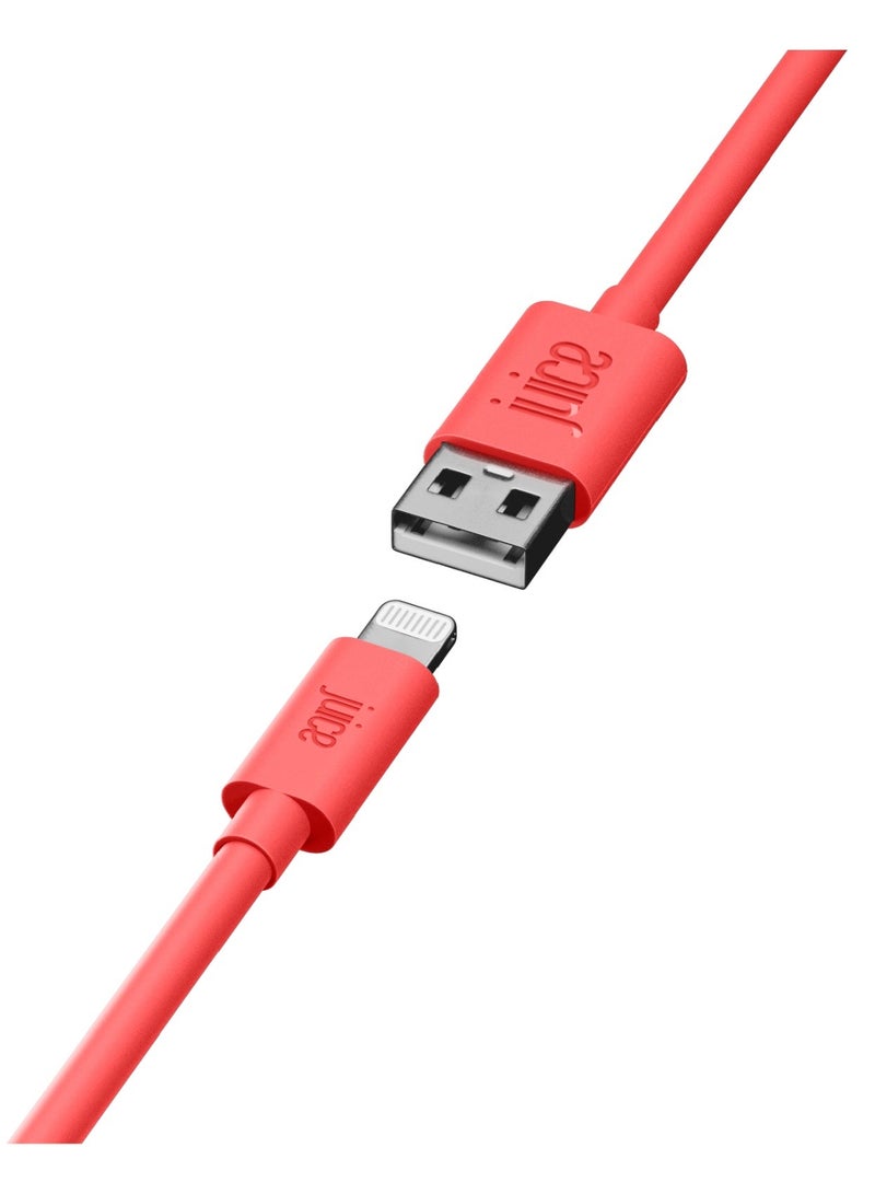 جوس كابل JUICE USB-A إلى Apple Lightning، مصنوع من مادة TPE معاد تدويرها بنسبة 100% ومُعزز للمتانة، للشحن ونقل البيانات، معتمد من MFI للشحن السريع، متوافق مع أحدث الطرازات: iPhone 17 و16 و15 و14 و13 و12 و11 Pro Max وXR وXS وX و8 وSE، بالإضافة إلى iPad، بطول 2 متر، باللون الكورال. - Image 1